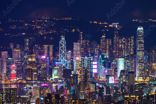 Photography Hong Kong, China - August, 2019 :  Hong Kong cityscape at night, sky scraper bui