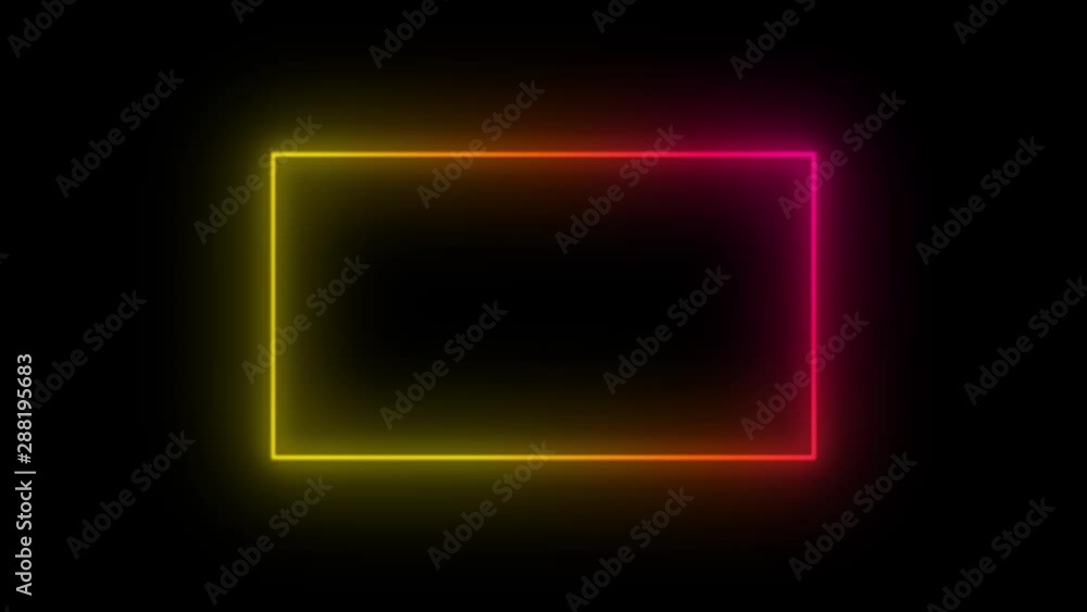 Glowing neon frame with vibrant colors on black background. Seamless looped 4K animation of shiny rectangle. Glowing neon frame with vibrant colors on black background. Seamless looped 4K animation of shiny rectangle.