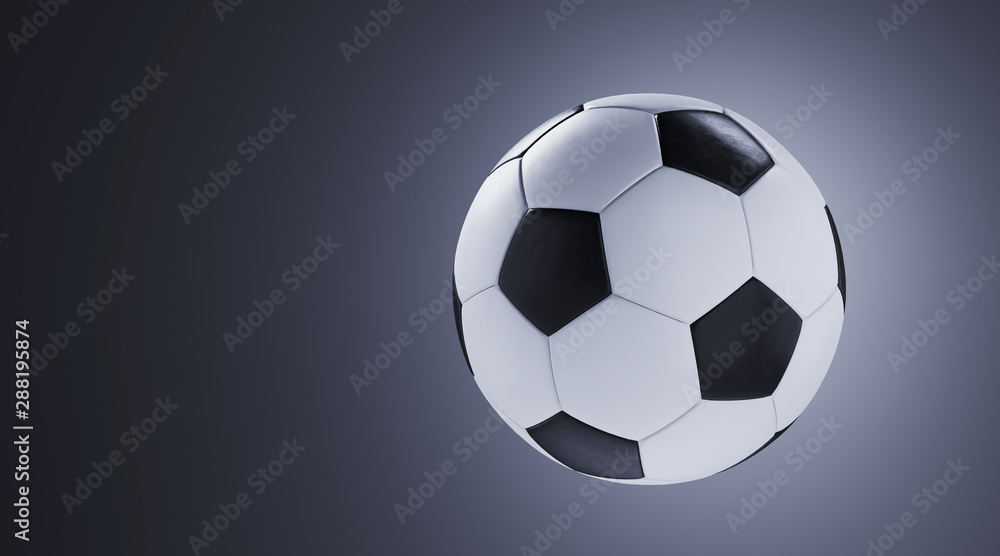 Naklejka premium Sport equipment for minimal diet and healthy concept. Close up soccer ball on grey background. 3d rendering illustration.