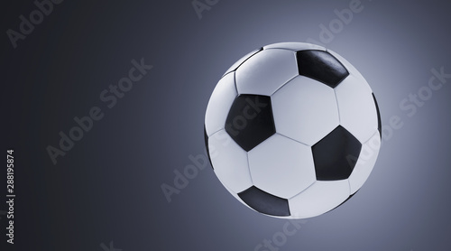 Sport equipment for minimal diet and healthy concept. Close up soccer ball on grey background. 3d rendering illustration.
