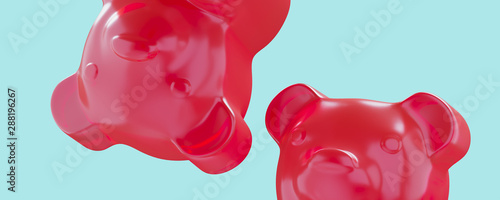 Sweet candies for happiness concept. Red jelly bears on blue background. 3d rendering illustration. photo