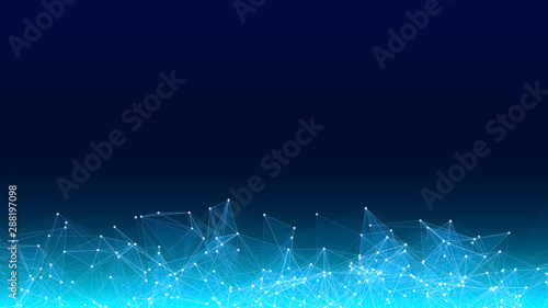 Vector abstract futuristic digital landscape with particles dots and stars on horizon. computer geometric digital connection structure. Futuristic blue abstract grid. Intelligence artificial