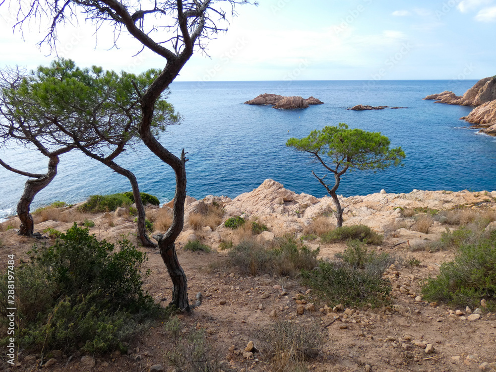 Paisaje de la Costa Brava catalana, España, con el mar azul, islas, aguas cristalinas, árboles y acantilados Paisaje de la Costa Brava catalana, España, con el mar azul, islas, aguas cristalinas, árboles y acantilados