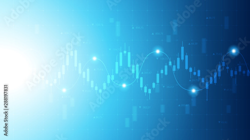 Abstract financial chart with candlestick graph in stock market on blue color background