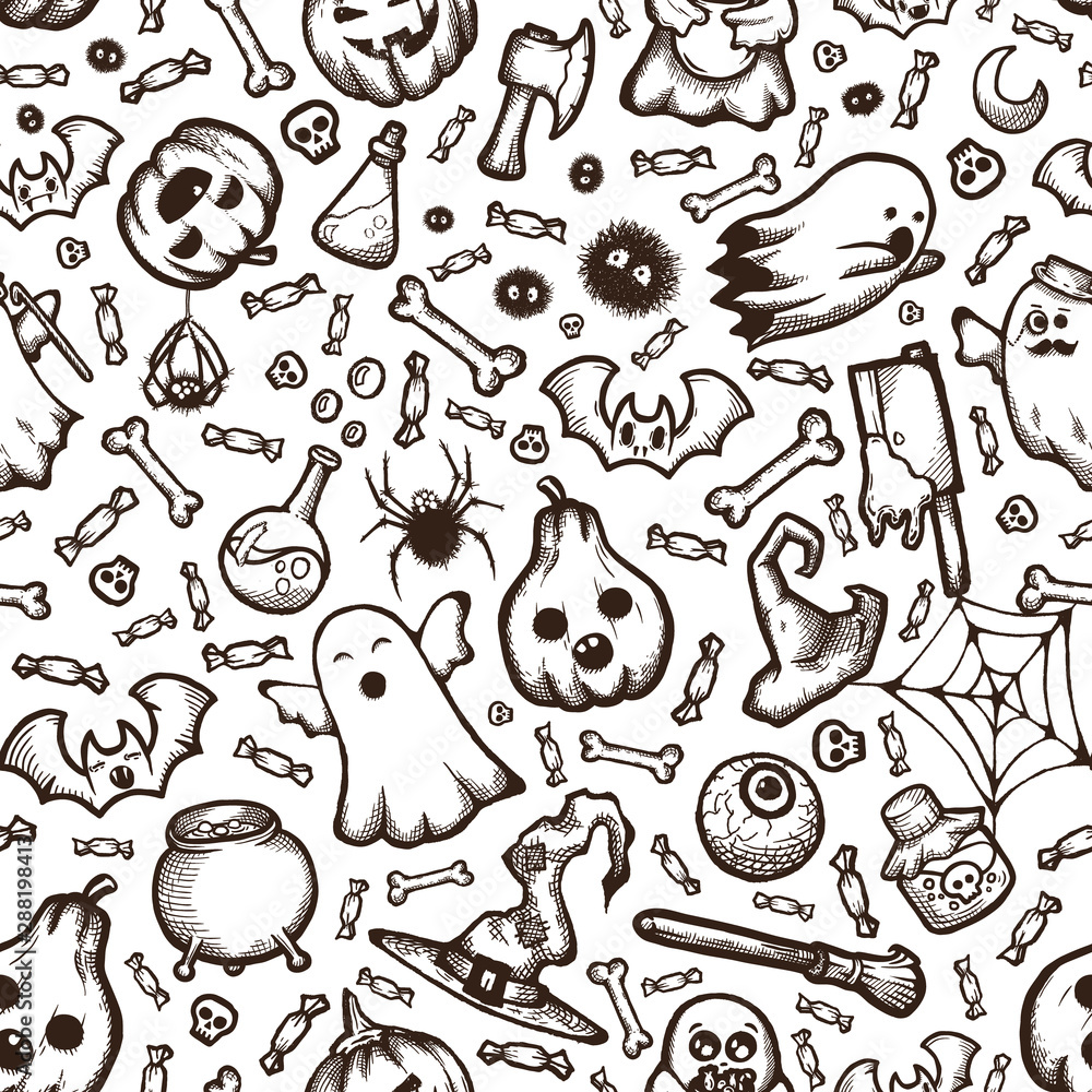 Halloween hand-drawn vector seamless pattern with cartoon doodles.