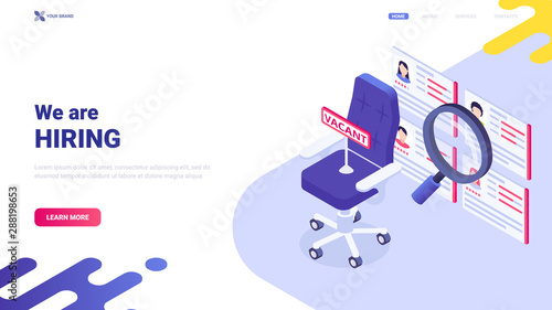 Colorful vector illustration: empty office chair and sign "vacancy". Website header design concept with message "We are hiring". Banner for recruiting agency/personnel department. Team member search.