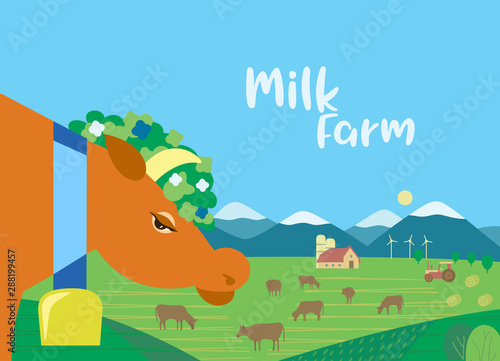 Fototapeta Naklejka Na Ścianę i Meble -  Rural landscape with milk farm flat color vector
