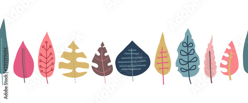Fall leaves seamless repeating vector border. Scandinavian style autumn doodle pattern. Red pink gold blue leaf elements illustration. For fall decoration, Thanksgiving card, fabric, ribbons, banner