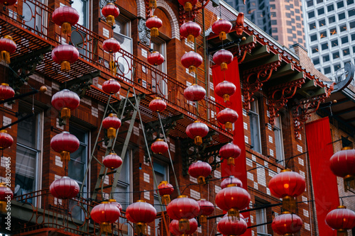 facade with red motifs in San Francisco's Chinatown