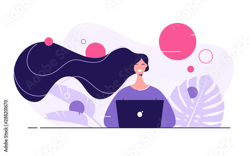 Vector flat style illustration of a young beautiful woman with laptop surrounded by tropical leaves