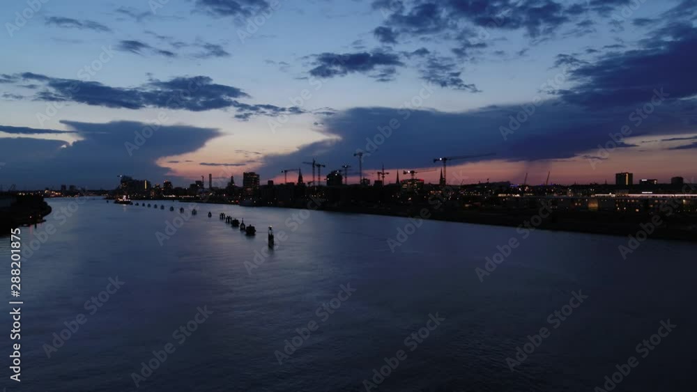 Drone Flight Hamburg Harbor during blue hour and night flies Elbe Drone Flight Hamburg Harbor during blue hour and night flies Elbe