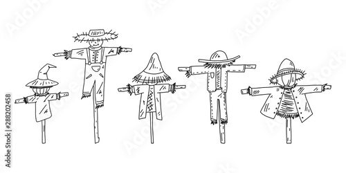 Advertising flyer set scarecrow sketch hand drawn.