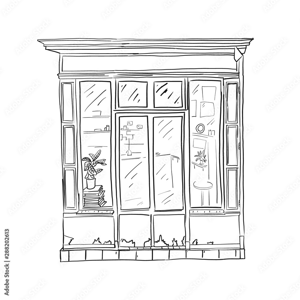 Informational poster sketch front store, cartoon. Informational poster sketch front store, cartoon.