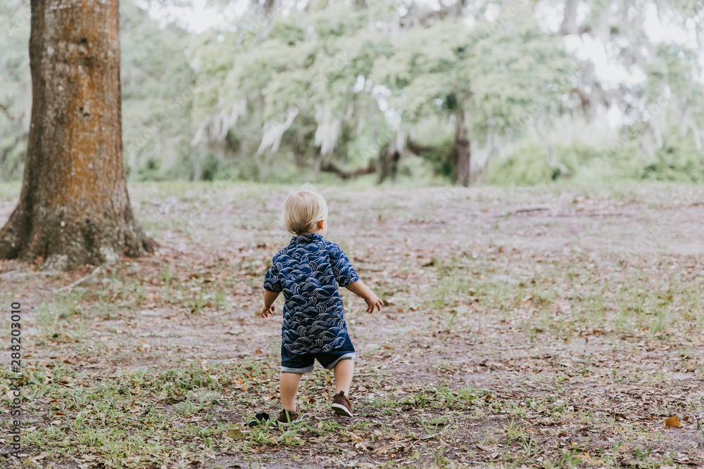 Adorably Happy and Cute Little Caucasian Toddler Baby Boy with Long Blond Hair Laughing, Playing, and Running Outside in Green Nature at the Park of Big Mature Oak and Moss Trees Adorably Happy and Cute Little Caucasian Toddler Baby Boy with Long Blond Hair Laughing, Playing, and Running Outside in Green Nature at the Park of Big Mature Oak and Moss Trees