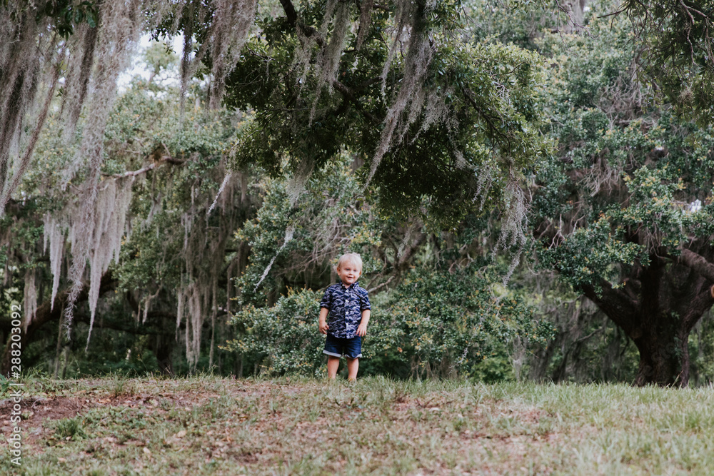 Adorably Happy and Cute Little Caucasian Toddler Baby Boy with Long Blond Hair Laughing, Playing, and Running Outside in Green Nature at the Park of Big Mature Oak and Moss Trees