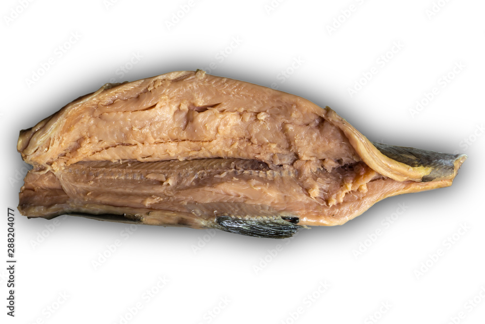 Separation of salted pink salmon fillet from bones. Cooking a popular snack. Isolated image on a white background. A site about fish,cuisine, cookery. Separation of salted pink salmon fillet from bones. Cooking a popular snack. Isolated image on a white background. A site about fish,cuisine, cookery.