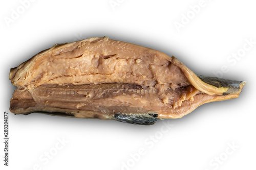 Separation of salted pink salmon fillet from bones. Cooking a popular snack. Isolated image on a white background. A site about fish,cuisine, cookery. © sheris9