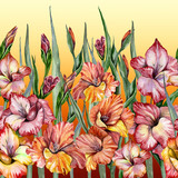 Beautiful gladiolus flowers with green leaves on gradient background. Seamless exotic floral pattern, border. Watercolor painting. Hand painted illustration.