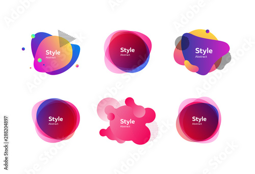 Bright multi layer irregular shapes set. Multicolored abstract figures and lines with sample text. Trendy minimal templates for presentations, flyers, banners and web pages. Vector illustration