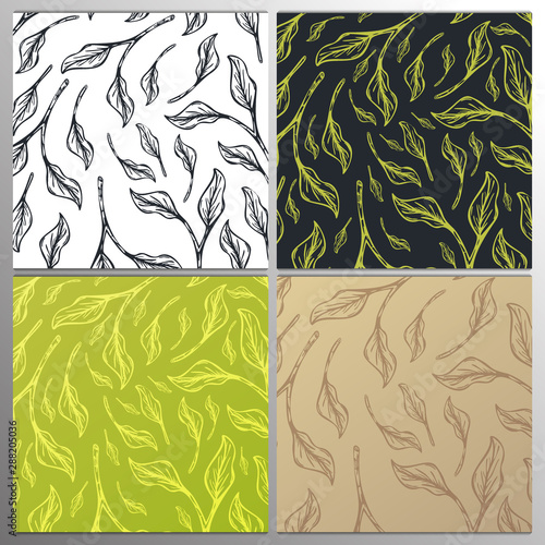Collection tea banners. Green and Black tea, Matcha Japanese tea. Hand draw leaves on the background.