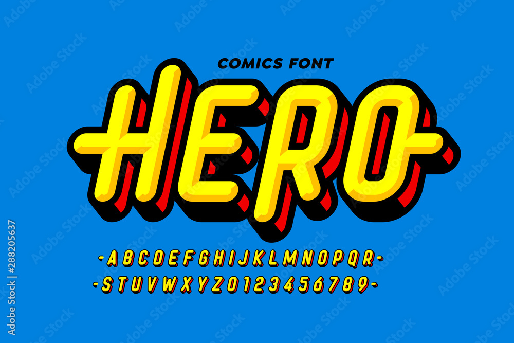 Plakat Projekt czcionki w stylu superbohatera komiksów, litery alfabetu i cyfry