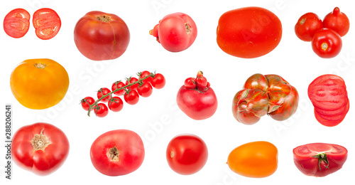 various fresh tomatoes isolated on white