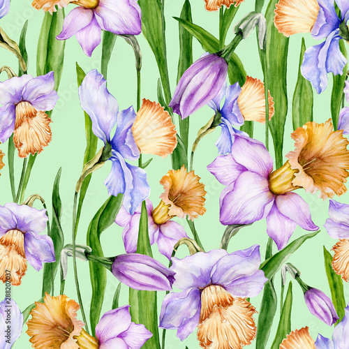 Beautiful narcissus flowers with leaves on light green background. Seamless s...