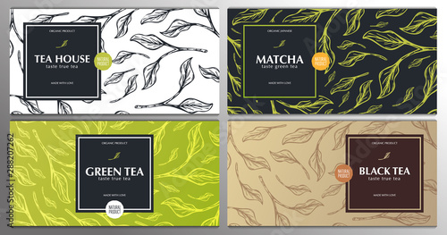 Collection tea banners. Green and Black tea, Matcha Japanese tea. Hand draw leaves on the background.