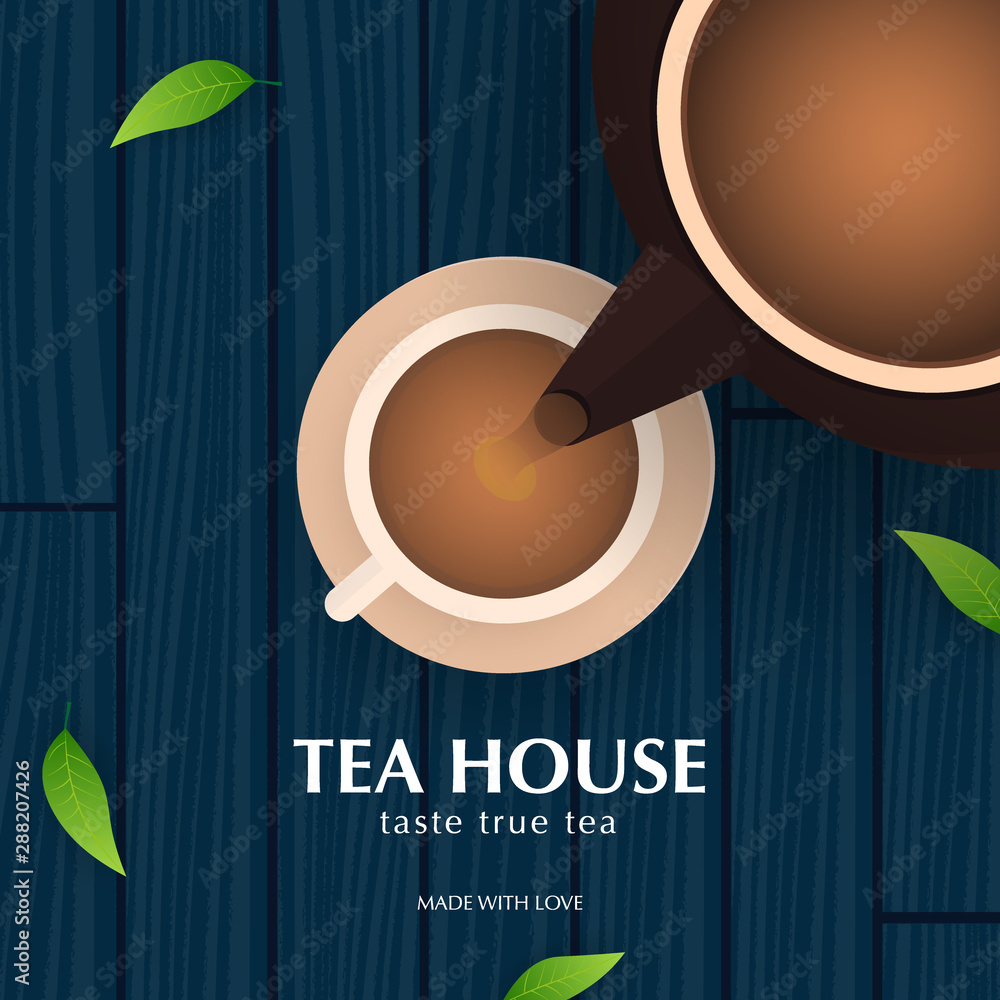 Tea Ceremony with cup and teapot. Black tea banner with leaves and wooden  background. Stock Vector | Adobe Stock