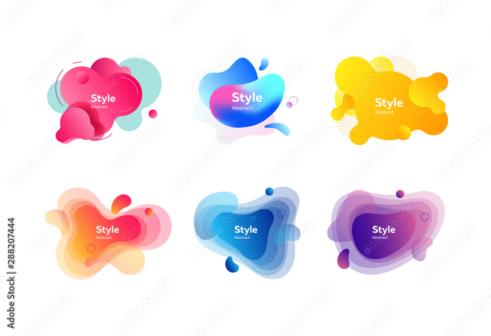 Neon liquid abstract elements set. Colorful dynamic shapes with sample text. Trendy minimal templates for presentations, banners, flyers and logos. Vector illustration