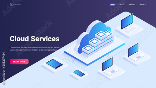Cloud service site concept. Vds/vps, cloud technology, cloud computing. Data access using different devices: laptop, desktop, tablet, smart phone. Vector isometric illustration for landing page.