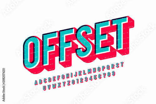 Offset print style font design, alphabet letters and numbers