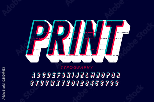 Offset print style font design, alphabet letters and numbers