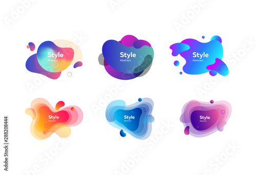 Set of multi-colored flowing liquid abstract graphic elements. Dynamical colored forms. Gradient banners with flowing liquid shapes. Template for design of logo, flyer or presentation. Vector