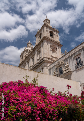 Cloisters and flowering trees in courtyard of Sao Vicente de Fora church in Alfama district