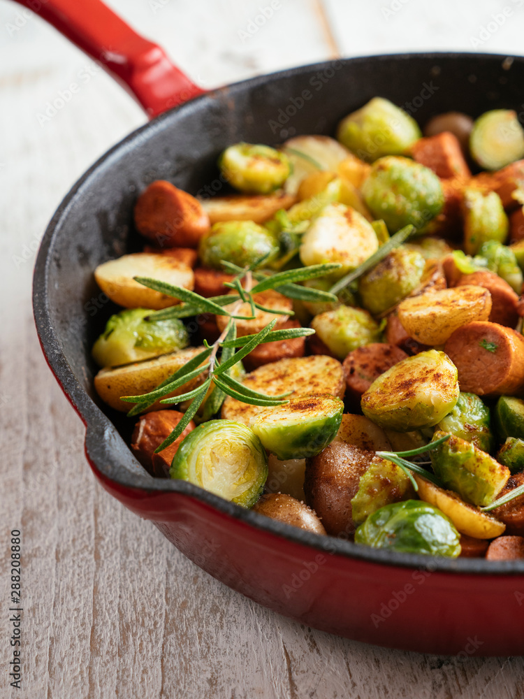 Brussels sprouts with Vegan Sausages and Potatoes Brussels sprouts with Vegan Sausages and Potatoes