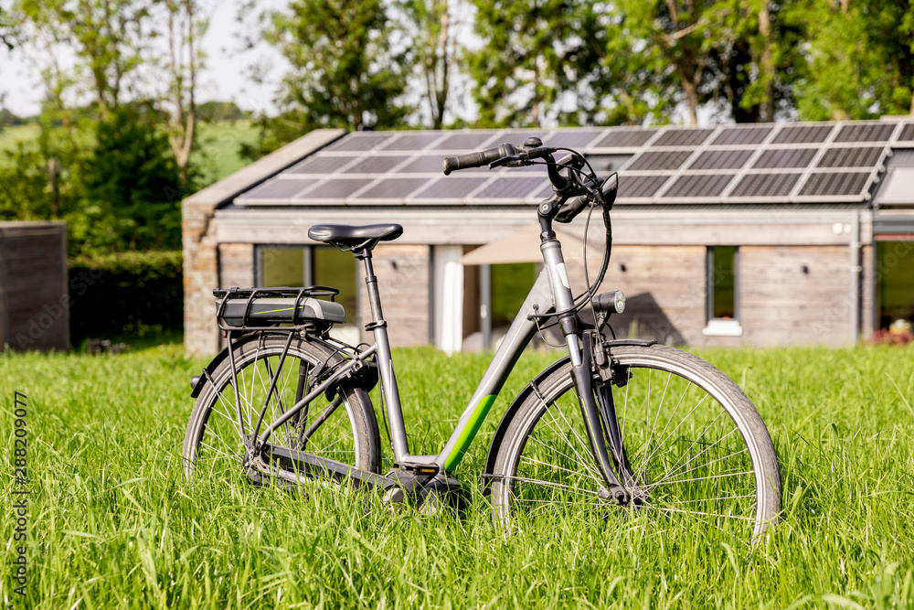 Bicycle on meadow in front of detached house Bicycle on meadow in front of detached house