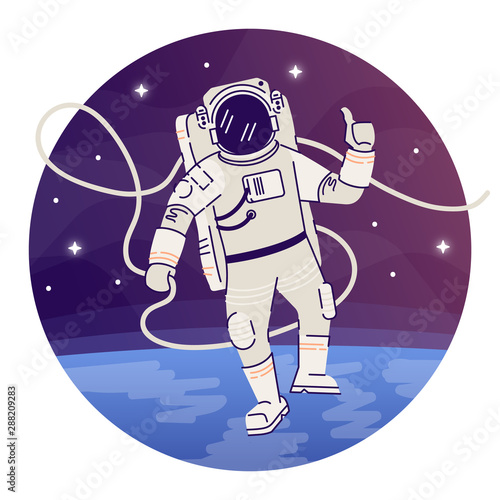 Cosmonaut in outer space flat concept icon. Astronaut in spacesuit floating in cosmos zero gravity making ok sign sticker, clipart. Space exploration isolated cartoon illustration on white background