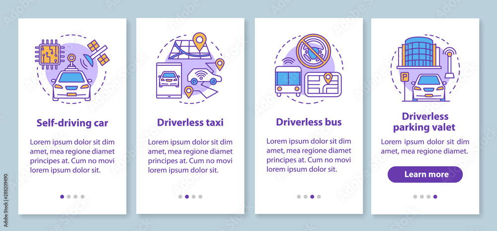 Naklejka premium Driverless car industry onboarding mobile app page screen with linear concepts. Robotic self driving vehicle using walkthrough step graphic instructions. UX, UI, GUI vector template with illustrations