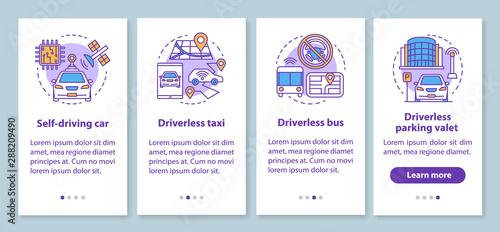 Driverless car industry onboarding mobile app page screen with linear concepts. Robotic self driving vehicle using walkthrough step graphic instructions. UX, UI, GUI vector template with illustrations