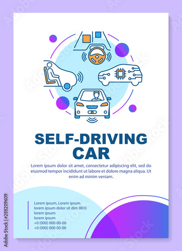 Self-driving car brochure template layout. Robotic vehicle. Flyer, booklet, leaflet print design with linear illustrations. Vector page layouts for magazines, annual reports, advertising posters