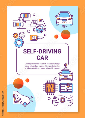Self-driving car brochure template layout. Driverless vehicle. Flyer, booklet, leaflet print design with linear illustrations. Vector page layouts for magazines, annual reports, advertising posters