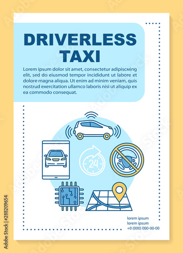 Driverless taxi brochure template layout. Robo-cab transportation flyer, booklet, leaflet print design with linear illustrations. Vector page layouts for magazines, annual reports, advertising posters