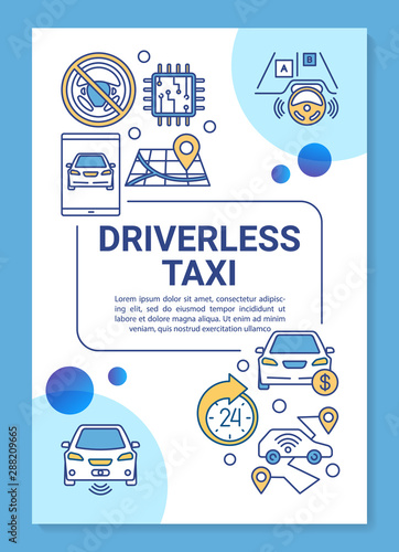 Driverless taxi brochure template layout. Smart cab service. Flyer, booklet, leaflet print design with linear illustrations. Vector page layouts for magazines, annual reports, advertising posters