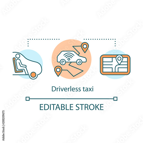 Driverless taxi concept icon. Robo-Cab. Mobile taxi service. App driving control. Driving in robotic car idea thin line illustration. Vector isolated outline drawing. Editable stroke