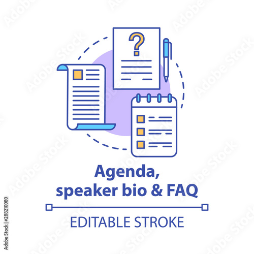 Agenda, speaker bio & FAQ concept icon. Conference, appointment planning idea thin line illustration. Planner, reminder. Documents, notes and checklists. Vector isolated drawing. Editable stroke