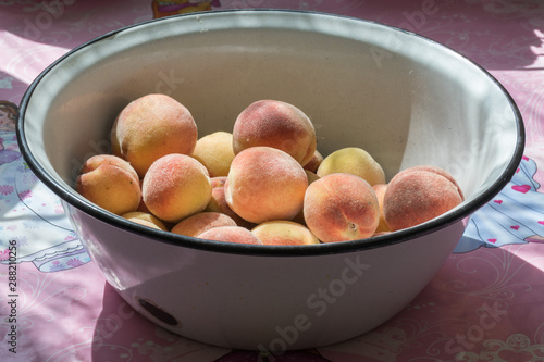Peaches are in a bowl on a table under the rays of sunlight