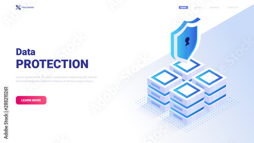 Data protection concept. Data center with servers that is protected by shield. Data security. Vector isometric illustration. Web site header, banner, background.