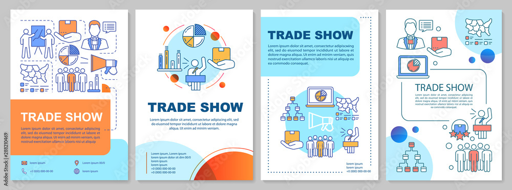 Trade show brochure template layout. Startup launch event. Flyer, booklet, leaflet print design with linear icons. Business presentation. Vector page layouts for annual reports, advertising posters
