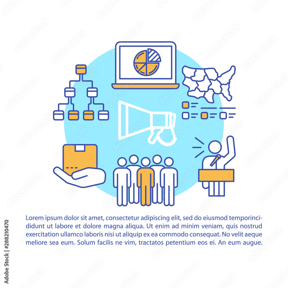 Trade show article page vector template. Corporate event. Business presentation. Brochure, magazine, booklet design element with linear icons. Print design. Concept illustrations with text space Trade show article page vector template. Corporate event. Business presentation. Brochure, magazine, booklet design element with linear icons. Print design. Concept illustrations with text space